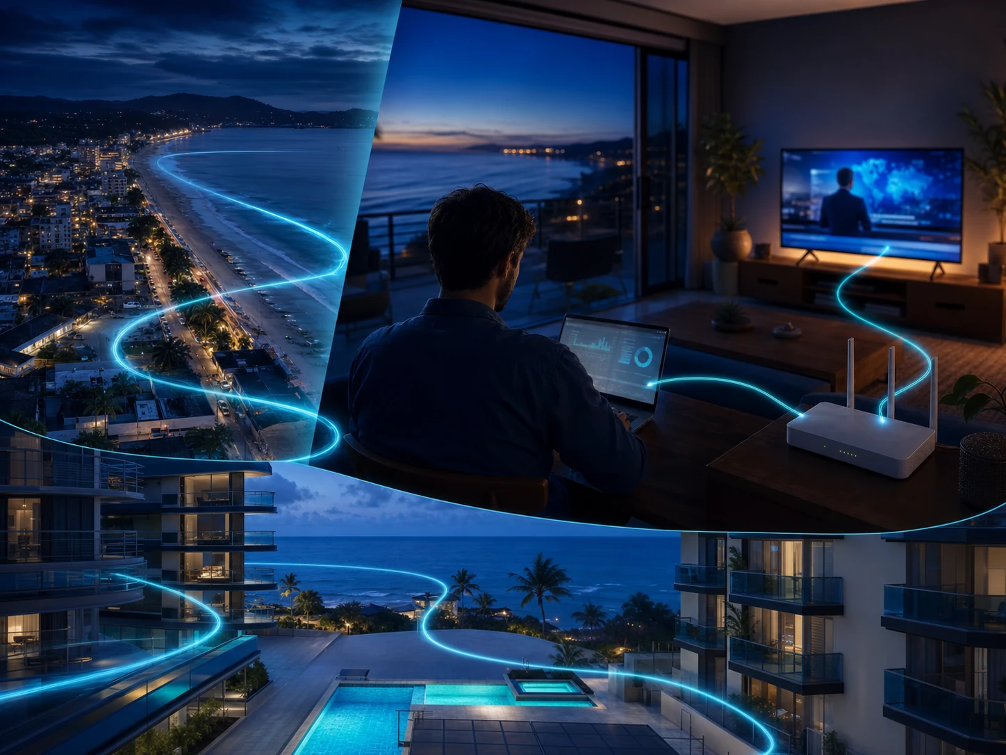 Collage de una persona conectada desde un departamento, la costa de Atacames y un conjunto residencial frente al mar