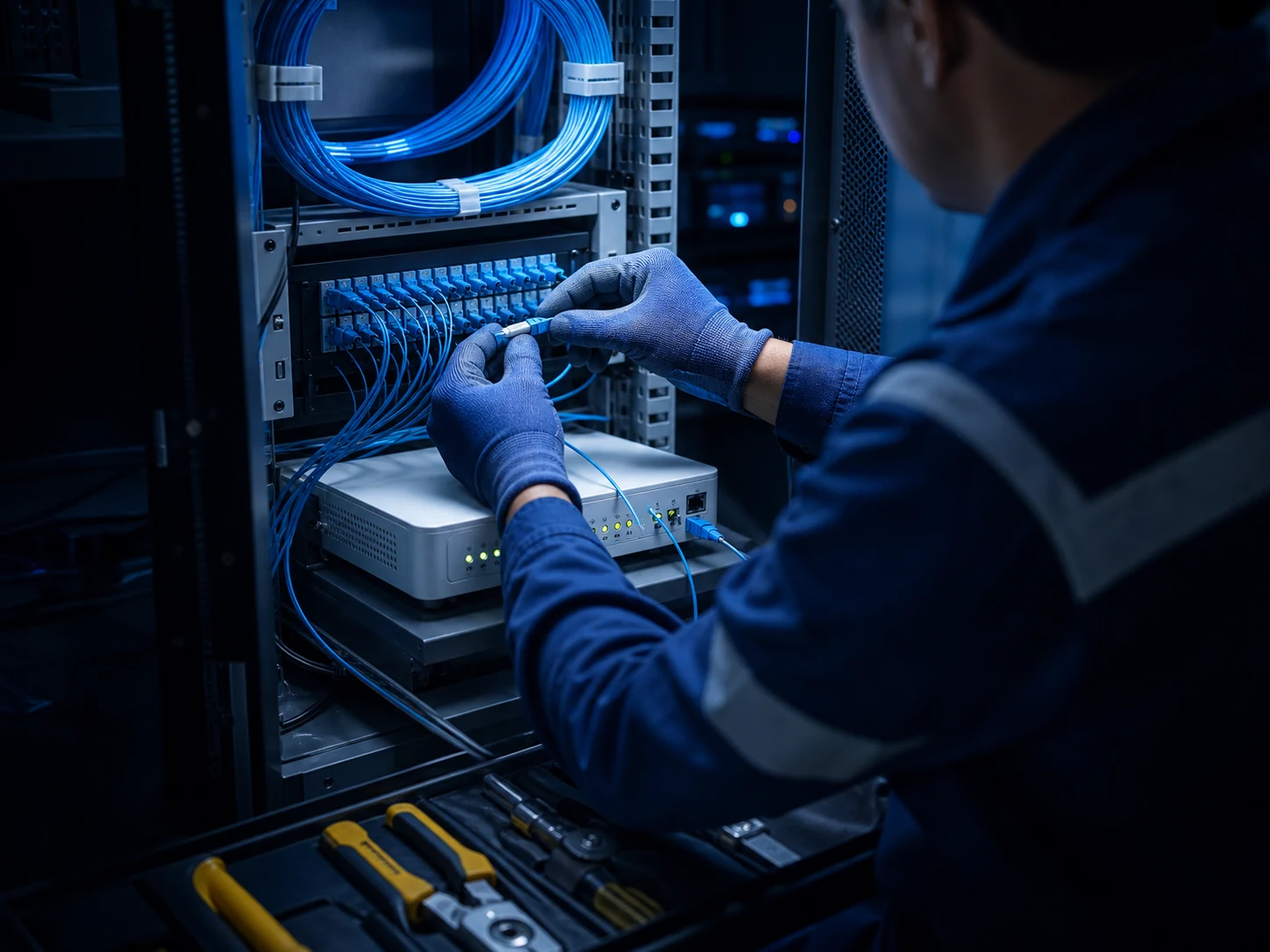 Técnico conectando cables de fibra óptica en un gabinete de distribución